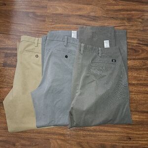 Three Men's Classic Docker Pants - Beige, Gray, and Olive 40x32